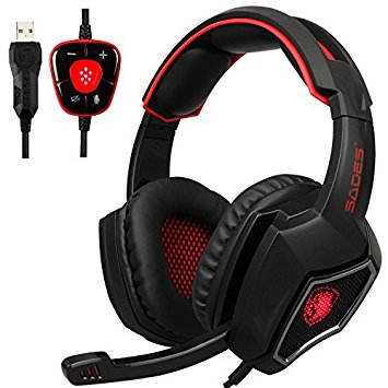 2017 New Updated SADES Spirit Wolf 7.1 Surround Stereo Sound USB Computer Gaming Headset with Microphone,Over-the-Ear Noise Isolating,Breathing LED Light For PC Gamers (Black Red)