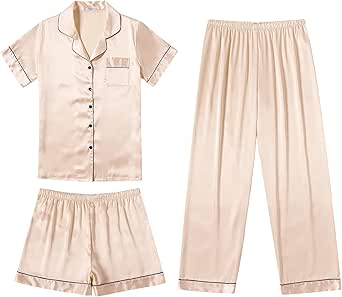 Ekouaer Silk Satin Pajama Set for Women Soft Short Sleeve Button Down Pj Sets 3 Piece Sleepwear Loungewear S-XXL