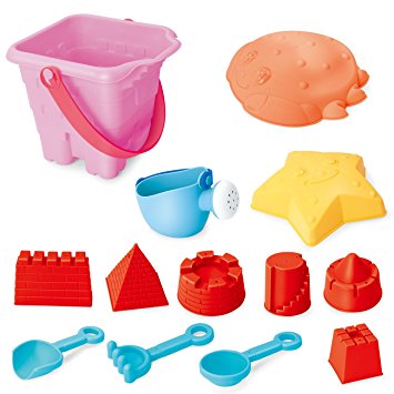 Kids Sand Toys Set for Building on Beach or in Sandbox: Buckets, Tools, Molds, Toy Boat-13 Pieces