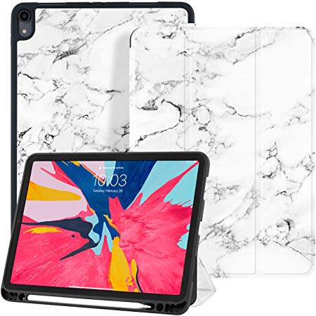 Ayotu Case for iPad Pro 11 Inch 2018 with Apple Pencil Holder[Support Apple Pencil Charging],Slim Trifold Stand Case, Auto Sleep/Wake, Soft TPU Back Cover for iPad Pro 11Inch 2018,White Marble Pattern