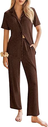 Ekouaer Womens Rib Knit Pajamas Button Up Lounge Sets Short Sleeve Top and Long Pants Matching Pjs Sleepwear Loungewear