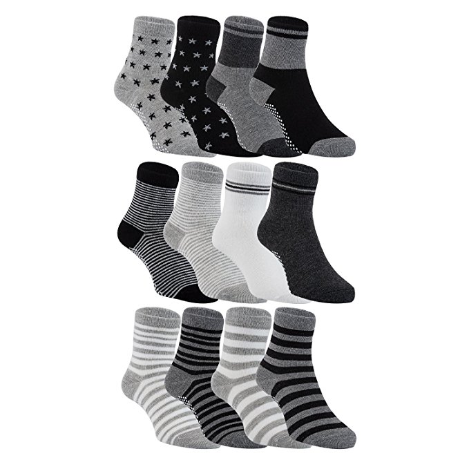 LLS Baby Boy's 12 Pairs Pack Non-Skid Cotton Socks One Size Multiple Color