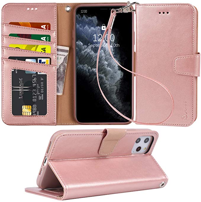 iPhone 11 Pro Max Case, Arae PU Leather Wallet case [Stand Feature] with Wrist Strap and [4-Slots] ID&Credit Cards Pocket for iPhone 11 Pro Max 6.5 inch - Rose Gold