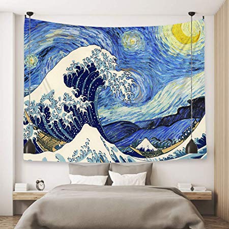 Ofat Home Wall Hanging Van Gogh Art Tapestry Starry Night and Great Wave Fuji Mountain Japanese Artistic Combination Oil Painting, Fabric Blue Tapestry for Home Bath Decor (59''x78.7'')