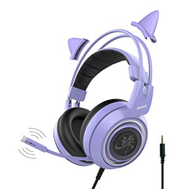 SOMIC G951 Purple Gaming Headset with Microphone, Removable Cat Over Ear Headphone for Girls Women Suit for Xbox one, Switch, PS4, iPhone, iPad - 3.5mm Jack