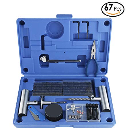 AUTOWN Tire Repair Tools - 67 Pcs Heavy Duty Tire Repair Kit & Tire Repair Set for Car, Motorcycle, Truck, ATV, Tractor, RV, SUV, Jeep, Trailer, Lawn Mower - 100% Life Time Guarantee