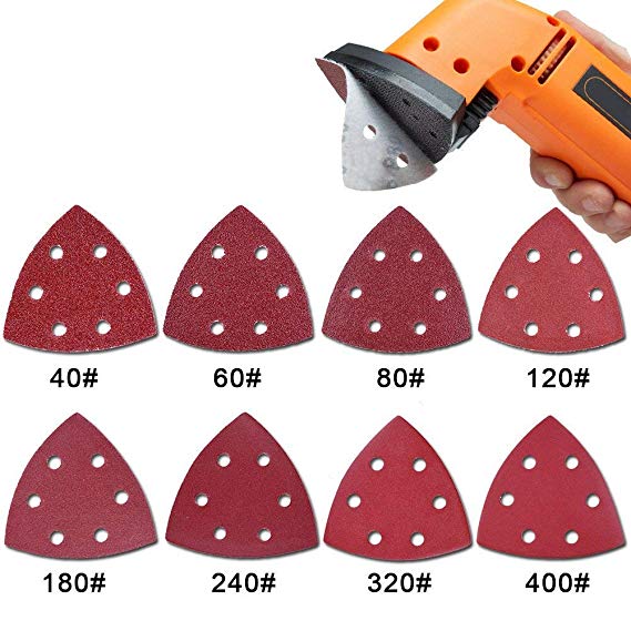 AUSTOR 80 Pieces Triangle Sandpaper Sanding Sheets 6 Holes Hook and Loop Assorted 40/ 60/ 80/ 120/ 180/ 240/ 320/ 400 Grits for Sanding and Polishing