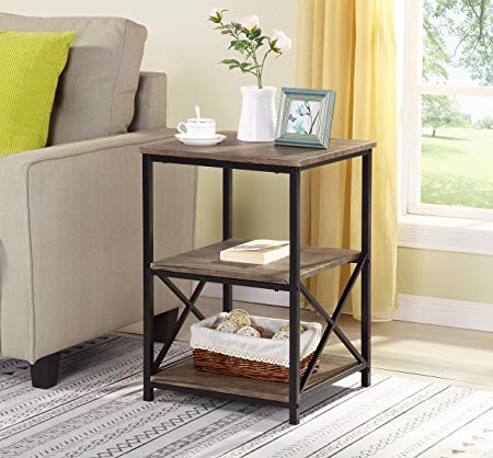 Reclaimed Weathered Brown Finish Metal X-Design Chair Side End Table with 3-Tier Shelf
