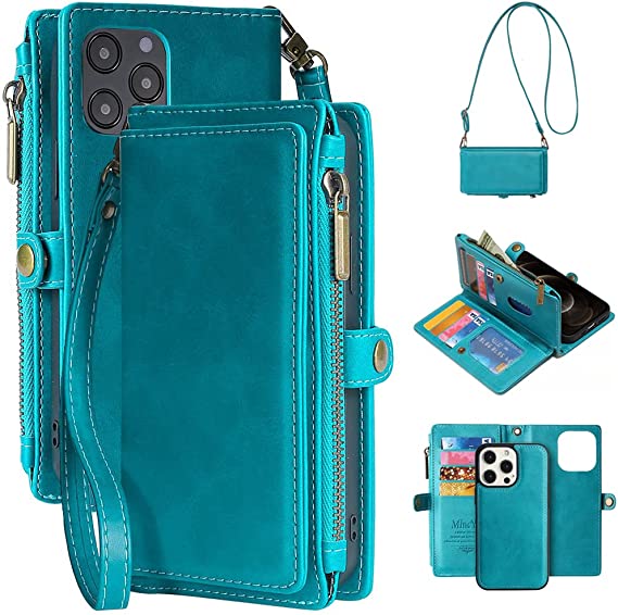 Wallet Case Compatible with iPhone 13 Mini, Zipper Case with 13 Card Holder  Slots, Magnetic Detachable Leather Flip Folio Cover Crossbody Phone Case  with Shoulder Strap 