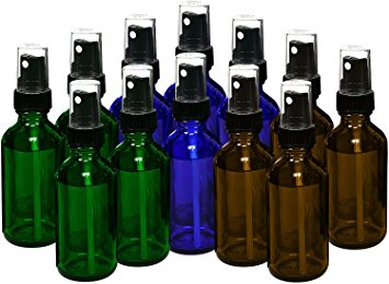 12, Reehut 15ml Empty Glass Spray Bottles with Black Fine Mist Sprayer for Misting Aromatherapy, Essential Oils, Cleaning, Room Sprays (4 Each - Green, Amber, Cobalt Blue)