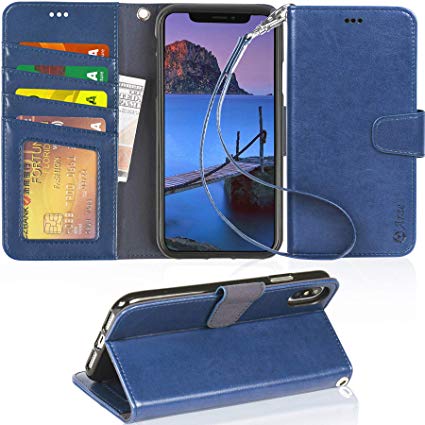 iPhone Xs Max Case, Arae PU Leather Wallet case [Stand Feature] with Wrist Strap and [4-Slots] ID&Credit Cards Pocket for iPhone Xs Max 6.5" - Blue