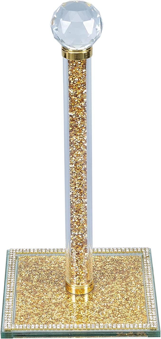 Hochance Gold Crystal Standing Paper Towel Roll Holder Countertop Weighted Rack,Glam Cute Bling Rhinestone Jeweled Diamonds Modern Decoration Christmas Housewarming Gifts for Kitchen Home Bar