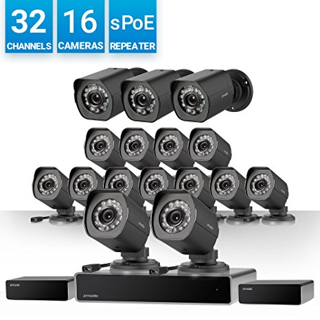 Zmodo 32 Channel 720P HD NVR Security System 16 x IP HD Outdoor/Indoor Video Surveillance Camera, w/sPoE Repeater for Flexible Installation & Extension, Customizable Motion Detection