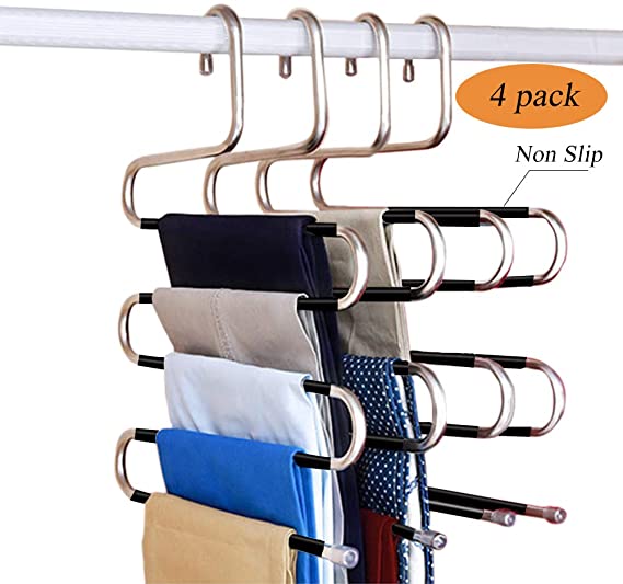 Fashion Easy Non-Slip Pants Hangers S-Shape,Multi Layers Space Saving Non Slip Stainless Steel Clothes Hangers Closet Organizer for Pants Jeans Trousers Scarf(4 Pack)