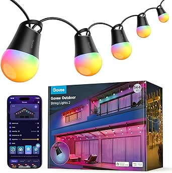 Govee Smart Outdoor String Lights 2, 144ft RGBIC Outdoor Lights with Dimmable Warm White LED Bulbs for Mother's Day, 47 Scene Modes for Patio, Backyard, IP65 Waterproof, Works with Alexa, App Control