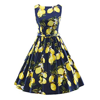 HongyuTing Classic 50s Audrey Hepburn Boat Neck Lemon printed Summer Swing Retro Vintage Dress
