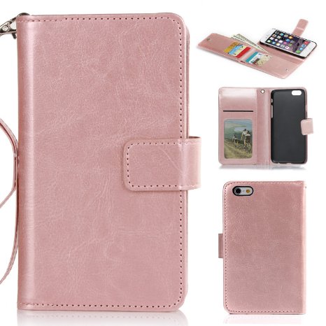 iPhone 6 Case, iPhone 6S Case, BENTOBEN iPhone 6 Wallet Case Secure Up and Down Flip Design Credit Card Slots Cash Holder Nickel Plated Press Stud Wrist Strap Magnetic Snap Closure, Rose Gold