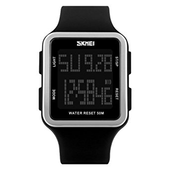 Women's Sport Digital Watch, Big Face Square, Waterproof and Multi-functional Watch - Soft Silicone Strap - Easy-to-Read Numbers - Water and Shock Resistant (Black)