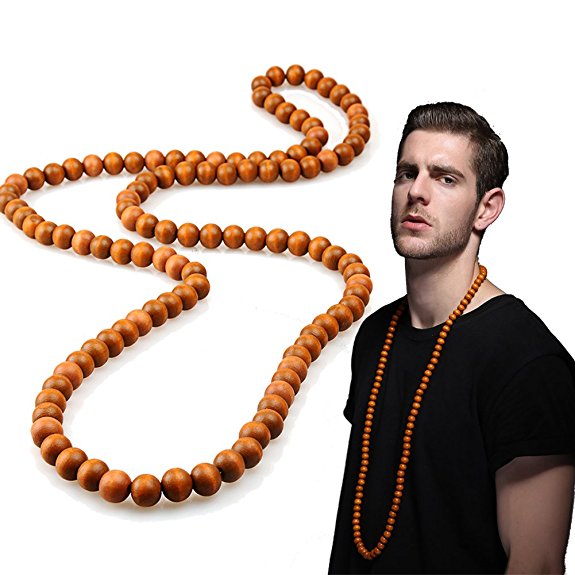 EVBEA Long Beaded Necklace for Men Africa Wood Chain Bead Necklace Wooden Tassels Prayer Bracelet