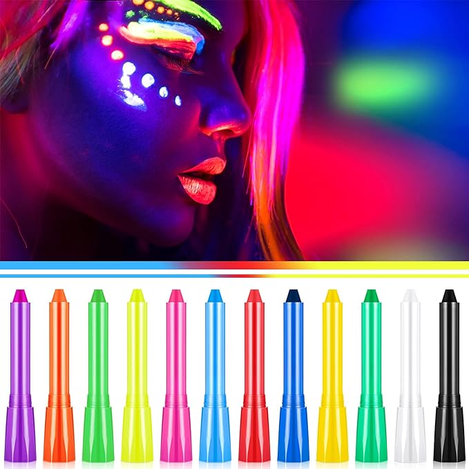 12 Colors Luminous Face Paint Crayons Body Painting Crayons Glow in The Dark Neon Face and Body Paint Markers Fluorescent Body Markers for Mardi Gras Halloween Masquerades Birthday Parties