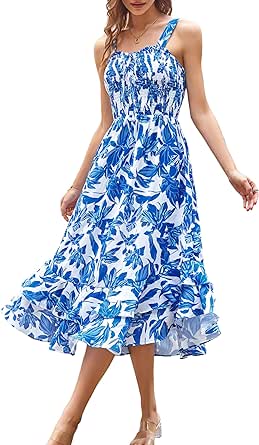 GRACE KARIN Women's 2024 Summer Floral Boho Dress Square Neck Strapped Swing A Line Beach Long Maxi Dress