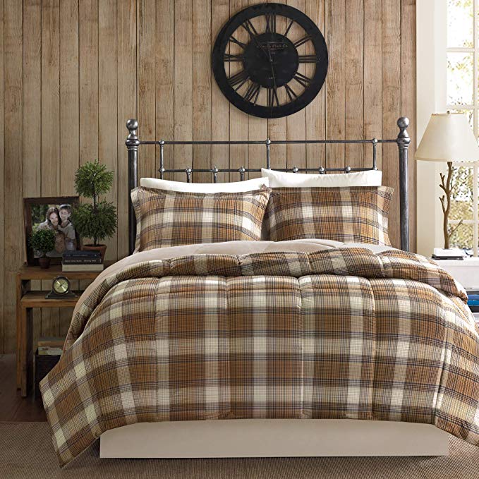 Woolrich Lumberjack King Size Bed Comforter Set - Brown, Khaki , Farmouse, Rustic Plaid – 3 Pieces Bedding Sets – Softspun Flannel Bedroom Comforters