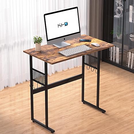 VECELO 32 Inch Small Computer Sturdy Laptop Industrial Desk Office Work, Modern Simple Study Table with Headphone Hook, Adjustable Feet and Water Proof Surface,Brown