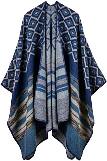 Womens Reversible Oversized Poncho Cape Warm Shawl Wrap Open Front Printed Blanket Cardigans