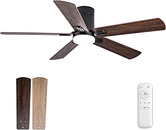 48 Inch Flush Mount Ceiling Fans with Lights, Black Ceiling Fan for Low Profile, Morden Ceiling Fan with Remote for Indoor Patio Porch Garage Bedroom, 6 Speeds DC Reversible Motor, 3 Color Memory LED