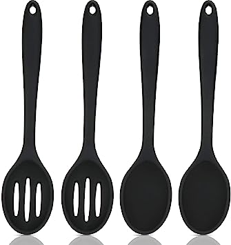 4 Pieces Silicone Cooking Spoons Set Silicone Serving Spoon Silicone Nonstick Mixing Spoons Slotted Spoons Large Nonstick Heat Resistant Spoons for Kitchen Cooking Bake Stir Draining Tool (Black)