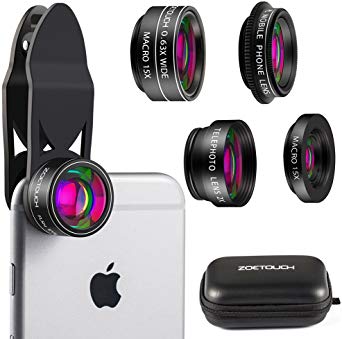 ZOETOUCH Cell Phone Camera Lens, 198° Fisheye Lens   0.63X Wide Angle Lens   15X Macro Lens   Telephoto Lens   CPL Mobile Phone Lens, Clip on 5 in 1 Camera Lens Kit for iPhone, Android, Samsung