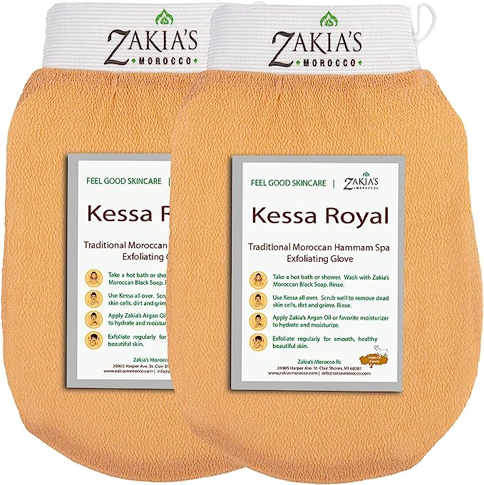 Zakia's Morocco Original Kessa Exfoliating Glove - Value Pack (2pcs) - Beige - Microdermabrasion At Home Exfoliating Mitts, Removes unwanted dead skin, dirt and grime and Keratosis Pilaris. Great for spray tan removal and preparation. Made of 100% natural Rayon. (2 Units)
