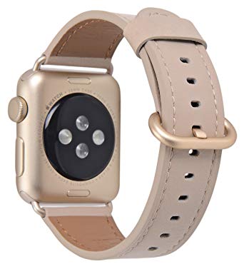 JSGJMY Compatible for Iwatch Band 42mm 44mm Women Men Genuine Leather Replacement Strap Compatible for Series 4 3 2 1 Sport Edition,Light tan Gold Clasp