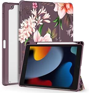 OKP for iPad 9th/ 8th/ 7th Generation Case (2021/2020/2019), iPad 10.2 inch Cases with Trifold Stand, Slim ipad 9/8/7 th gen Cover with Pencil Holder for Women Men, Clear PC Back Shell, Amaryllis