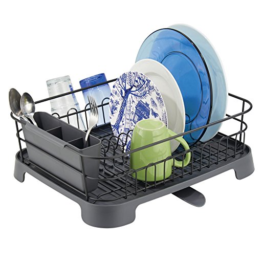 mDesign Kitchen Dish Drainer Rack with Swivel Spout for Air Drying on Kitchen Counter- Matte Black/Slate