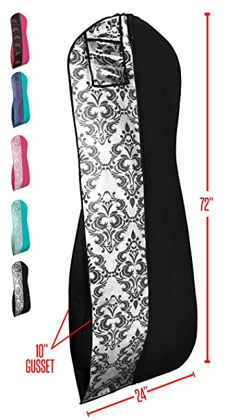 Gusseted Gown Garment Bag for Women’s Prom and Bridal Wedding Dresses - Travel Folding Loop, ID Window- 72” x 24” with 10” Tapered Gusset - by Your Bags