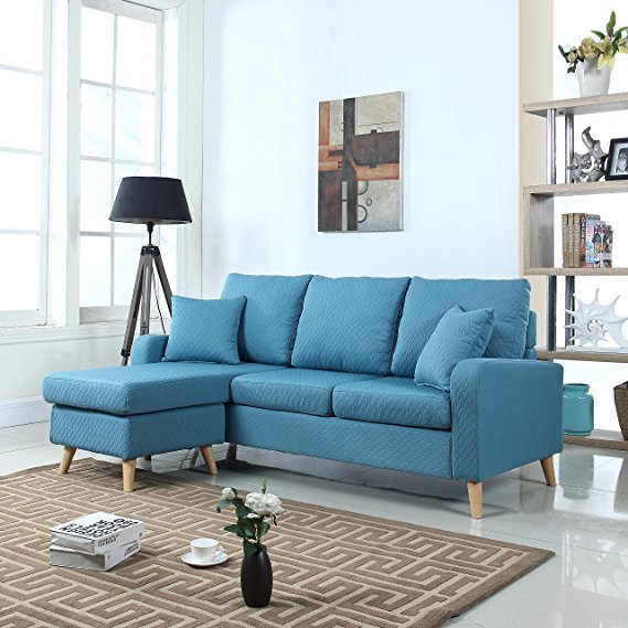 Divano Roma Furniture Mid Century Modern Linen Fabric Small Space Sectional Sofa with Reversible Chaise (Sky Blue)