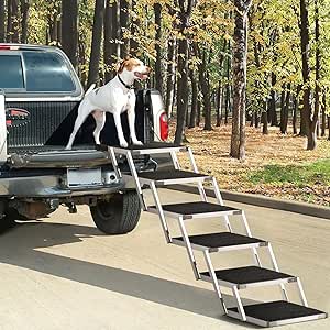 Lemberi Reinforced Dog Stairs for Car, SUV and Trucks Aluminum Dog Ramps for Small to Large Size Dogs with Non-Slip Surface, Lightweight Foldable Pet Car Steps Up to 250 lbs for Bed Oudoor