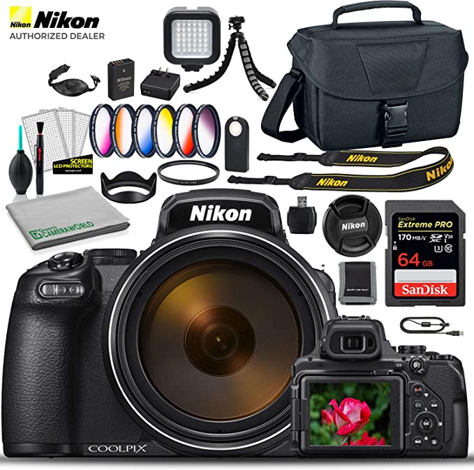 Nikon COOLPIX P1000 Digital Camera (26522) USA Model   Deluxe Padded Camera Bag   77mm UV Filter   Color Multicoated 6pcs Filter Set   SanDisk 64GB Extreme PRO Memory Card   More