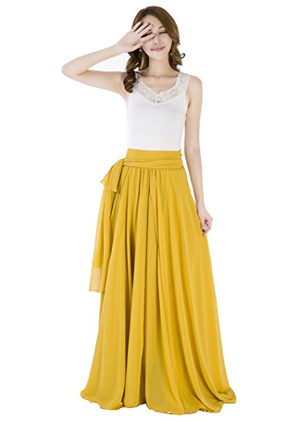 Sissily Women Summer Chiffon High Waist Pleated Big Hem Full/Ankle Length Beach Maxi Skirt
