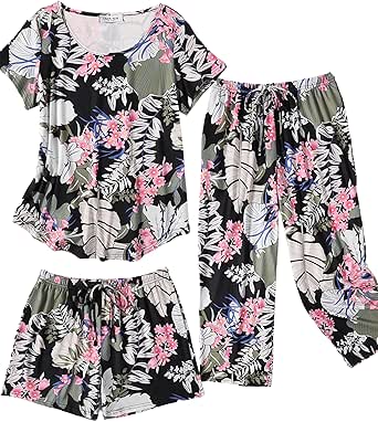 Ekouaer 3 PCS Capri Pajamas for Women Set Short Sleeve Pajama Sets Floral Pj Sets Soft Sleepwear with Pockets