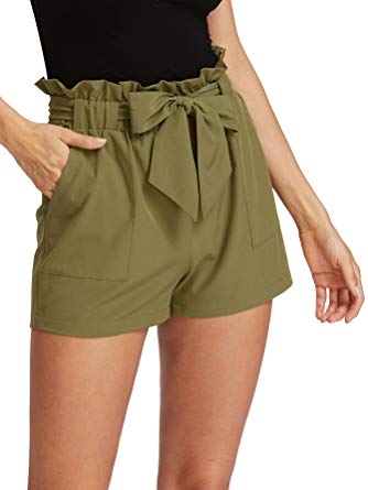 Romwe Women's Casual Elastic Waist Bowknot Summer Shorts with Pockets