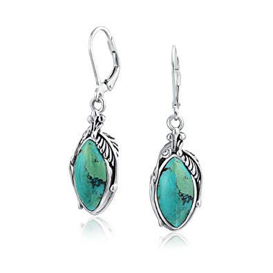 Bali Style Stabilized Turquoise Marquise Shaped Gemstone Feather Leverback Dangle Earrings For Women 925 Sterling Silver