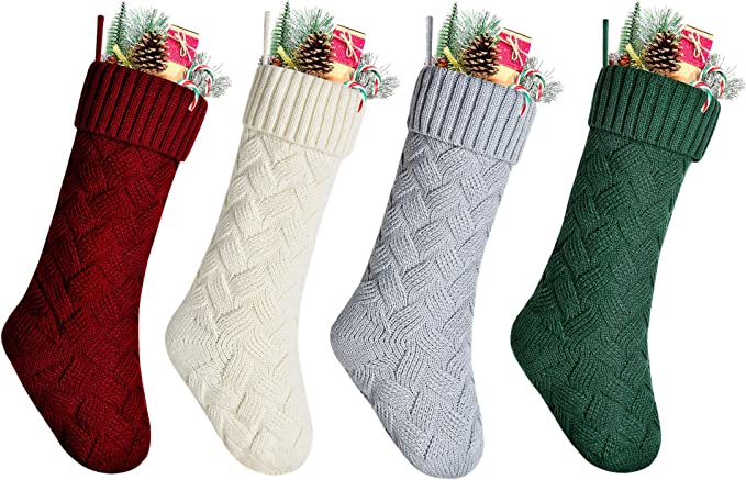 Kunyida Pack 4,18" Unique Burgundy Green Ivory Gray Knit Christmas Stockings