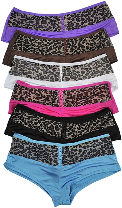 ToBeInStyle Women's Pack of 6 Cheeky Panties with Leopard Mesh Print