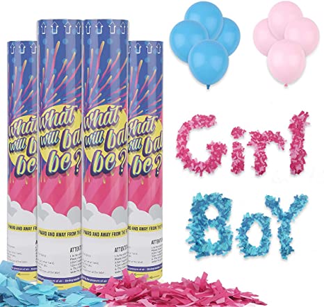 Gender Reveal Confetti Cannons Popper-Baby Reveal Party Supplies 12 Inch Biodegradable Confetti (2 Pink & 2 Blue) for Boy or Girl Baby Shower and 8 Balloons(4 Pink & 4 Blue) (2 Pink & 2Blue)