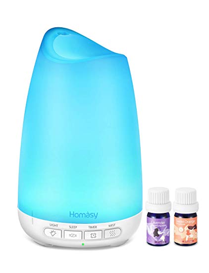 Homasy VicTsing Essential Oil Diffuser, 150ml Mini Aroma Diffuser Ultrasonic Humidifier with Essential Oil Gift Set, Lavender   Sweet Orange (5ml/Bottle), Auto-Off and 8 Color LED Lights for Room