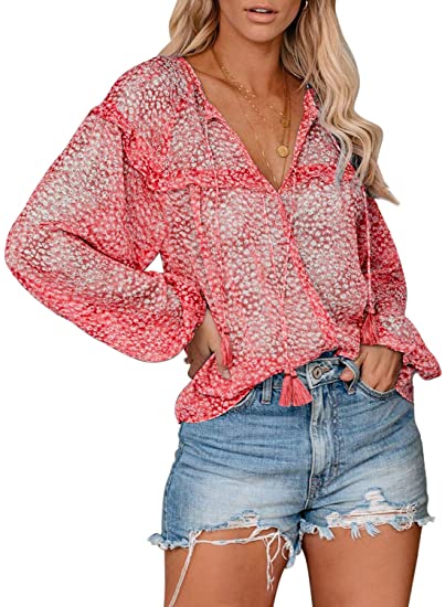 FARYSAYS Women's Casual Boho Floral Print V Neck Long Sleeve Shirts Tops Loose Blouses