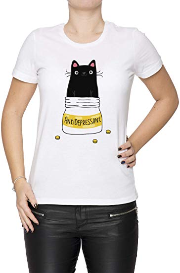 Fur Antidepressant - Cat Women's T-Shirt Crew Neck White Tee Short Sleeves