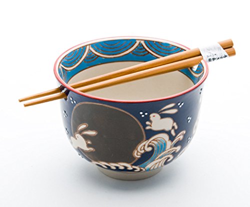 Quality Japanese Ramen Udon Noodle Bowl with Chopsticks Gift Set 5 Inch Diameter (Moon Rabbit)